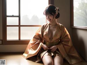 A woman in a yellow kimono sitting on a window sill.