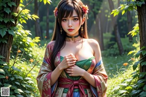 A woman in a red kimono posing for a picture.