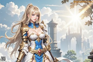 A girl with long blonde hair holding a sword.