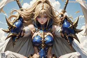 A woman in a blue and white outfit holding a sword.