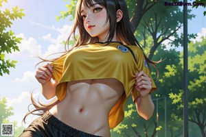A woman in shorts and a t-shirt is posing for a picture.