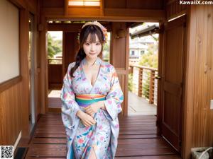 A woman in a blue kimono posing for a picture.