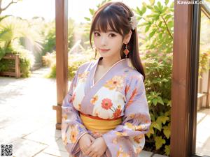 A woman in a kimono sitting on a bed.