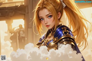 A woman in a blue and gold outfit holding a sword.