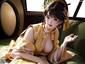 A woman in a yellow kimono sitting on the ground.