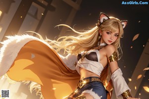 A woman in a white robe with a cat ears on her head.
