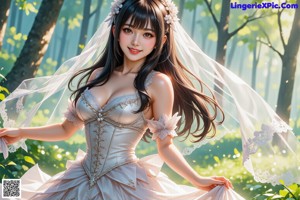 A woman in a wedding dress standing in the woods.
