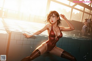 A woman in a white bathing suit standing next to a swimming pool.