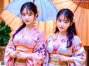 A woman in a pink kimono posing for the camera.