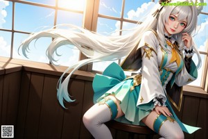 A woman with long blonde hair wearing a white shirt and green skirt.