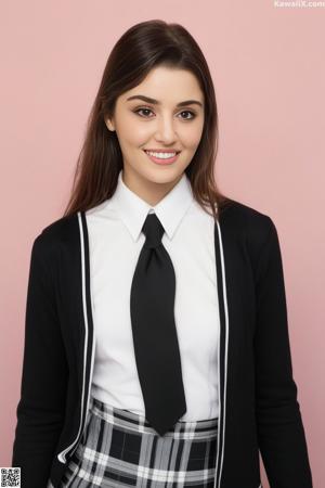 A woman in a business suit sitting on a bed.