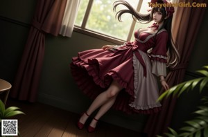 A woman with long black hair standing in front of a window.