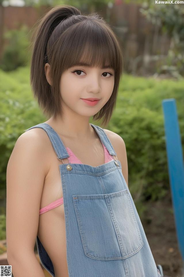 A young woman in a denim dress posing for a picture.