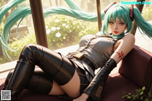 A girl with long green hair wearing headphones.