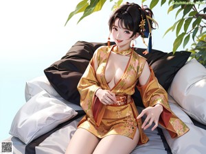 A woman in a chinese dress sitting on a ledge.