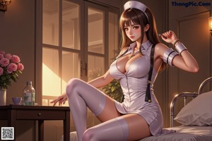 A woman in a nurse outfit sitting on a stool in a room.