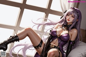 A woman with long purple hair standing next to a tree.