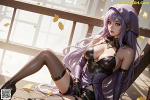 A woman with purple hair wearing a blue jacket and black gloves.