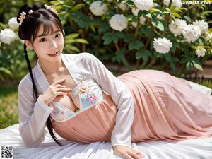 A woman in a pink and blue hanbok sitting on a wooden floor.