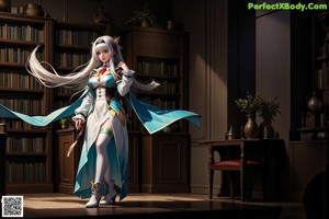 A woman with long white hair standing in the dark.