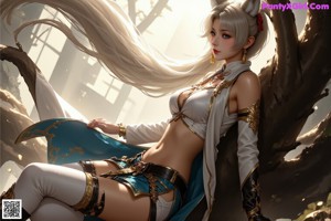 A woman in a blue and black outfit holding a sword.