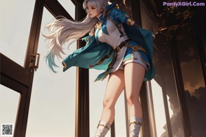 A woman in a blue and red outfit holding a sword.