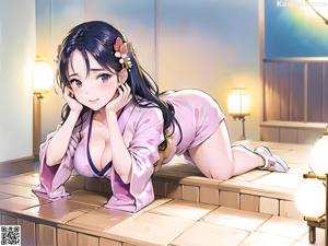 A woman in a kimono sitting on a bench.