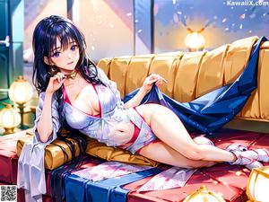 A woman in a purple kimono sitting on a table.