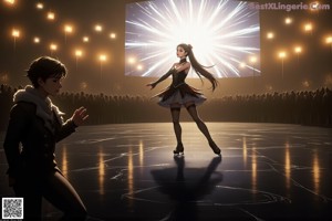 A woman in a black and gold outfit is dancing with a man.
