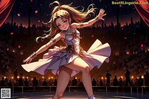 A woman in a bikini dancing in front of a crowd.