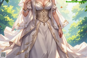 A woman in a wedding dress walking through a forest.