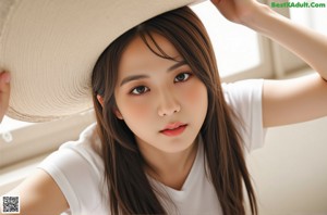 A woman in a pink and white striped outfit is posing for the camera.