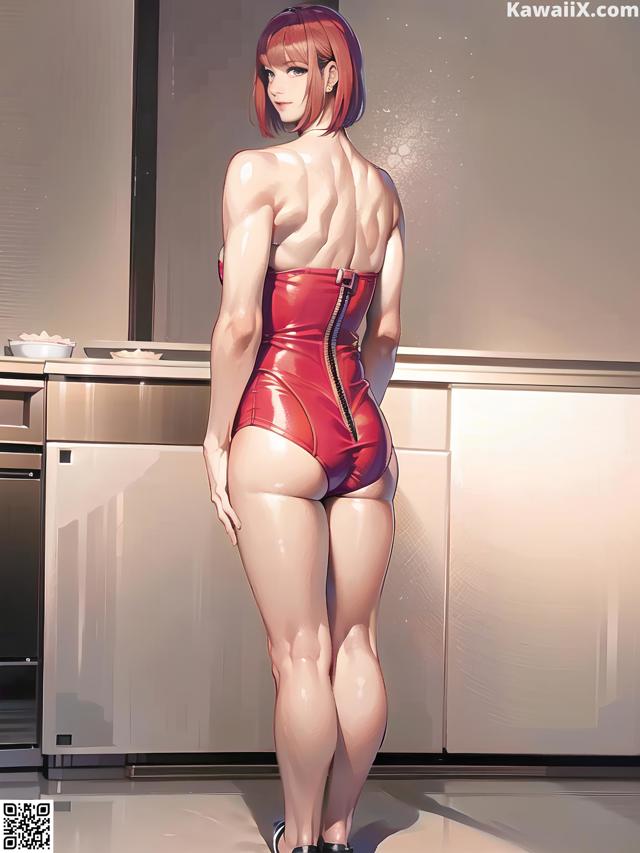 A woman in a red bathing suit standing in a kitchen.