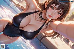 A woman in a black bikini standing in a pool.