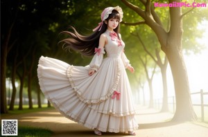 a woman in a pink dress and hat posing for a picture