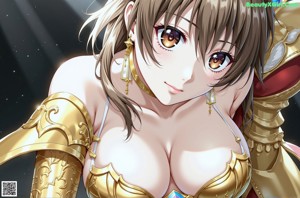 A woman in a gold outfit is posing for a picture.