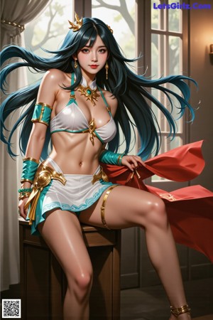 A woman with long blue hair standing on a rock.