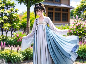 A woman in a white kimono standing in a garden.