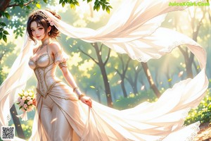 a woman in a wedding dress standing in the woods