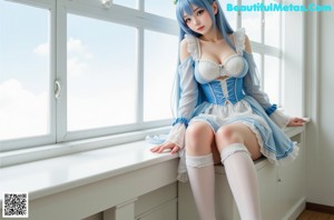 a woman in a blue and white dress posing for a picture