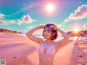 A woman in a pink bikini standing on a bed.