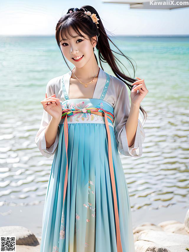 A woman in a blue and white dress standing on a beach.