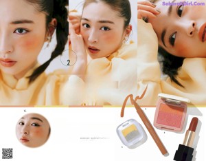 A magazine spread with a woman's face and makeup products.