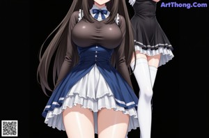 A woman in a blue and white dress posing for a picture.