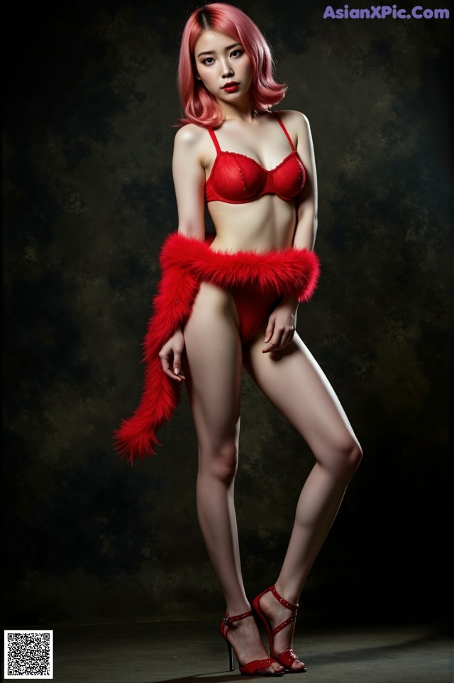 A woman in a red lingerie posing for a picture.