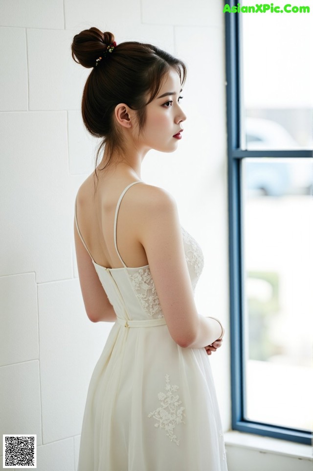 A woman in a white dress standing by a window.