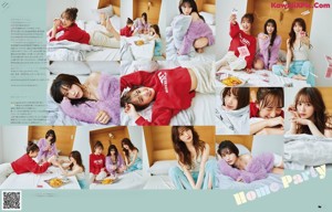 A collage of photos of a group of young women sitting on a bed.