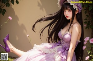 A woman in a purple dress and a white hat.