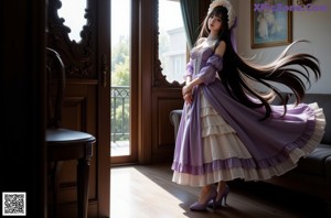 A girl with long black hair wearing a dress and a hat.