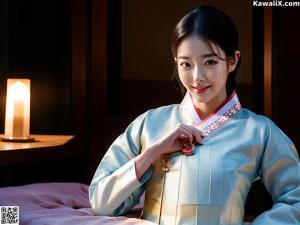 A woman in a blue and pink hanbok is posing for a picture.